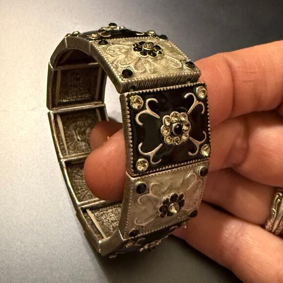 Vintage Art Deco Style Enamel Rhinestone Panel Bracelet - Picture 7 of 8